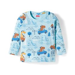 Babyhug Cotton Knit Full Sleeves Co-ords Night Suit With Vehicle Print - Light Blue