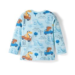 Babyhug Cotton Knit Full Sleeves Co-ords Night Suit With Vehicle Print - Light Blue