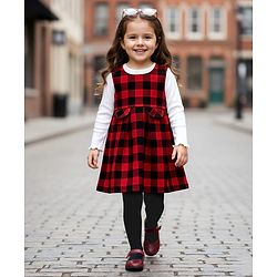 Babyhug Cotton Knit Full Sleeves Checks Printed Frock With Inner Tee & Leggings - Maroon & White