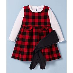 Babyhug Cotton Knit Full Sleeves Checks Printed Frock With Inner Tee & Leggings - Maroon & White