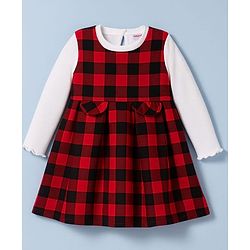 Babyhug Cotton Knit Full Sleeves Checks Printed Frock With Inner Tee & Leggings - Maroon & White