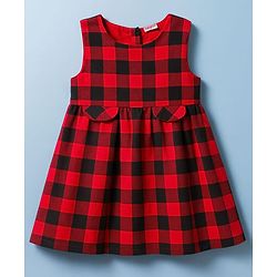 Babyhug Cotton Knit Full Sleeves Checks Printed Frock With Inner Tee & Leggings - Maroon & White