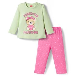 Babyhug Cotton Knit Full Sleeves Night Suit With Animal Print - Pink & Green