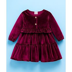 Babyhug Cotton Woven Full Sleeves Solid Frock With Legging - Maroon & White
