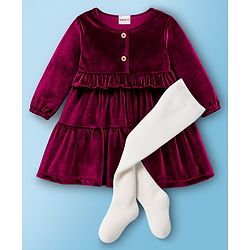 Babyhug Cotton Woven Full Sleeves Solid Frock With Legging - Maroon & White