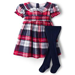 Babyhug Cotton Knit Half Sleeves Checks Frock With Leggings - Navy Blue & Red