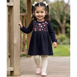 Babyhug 100% Cotton Knit Full Sleeves Floral Embroidered  Frock With Leggings - Navy Blue