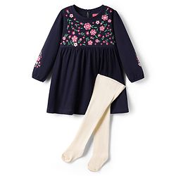Babyhug 100% Cotton Knit Full Sleeves Floral Embroidered  Frock With Leggings - Navy Blue