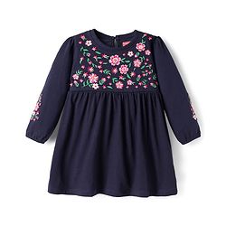 Babyhug 100% Cotton Knit Full Sleeves Floral Embroidered  Frock With Leggings - Navy Blue