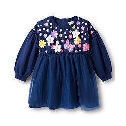 Babyhug Cotton Knit Full Sleeves Frock With Floral Print & Leggings - Navy Blue