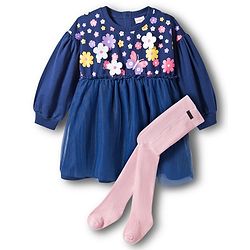 Babyhug Cotton Knit Full Sleeves Frock With Floral Print & Leggings - Navy Blue