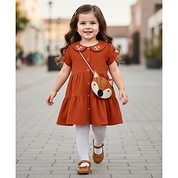 Babyhug Cotton Woven Half Sleeves Floral Embroidered Frock With Leggings & Sling Bag - Red