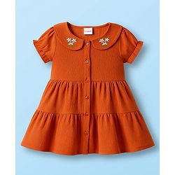 Babyhug Cotton Woven Half Sleeves Floral Embroidered Frock With Leggings & Sling Bag - Red