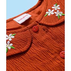 Babyhug Cotton Woven Half Sleeves Floral Embroidered Frock With Leggings & Sling Bag - Red
