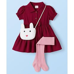 Babyhug Cotton Knit Half Sleeves Shirt Dress With Leggings Belt & Bag - Maroon