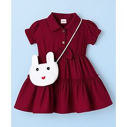 Babyhug Cotton Knit Half Sleeves Shirt Dress With Leggings Belt & Bag - Maroon