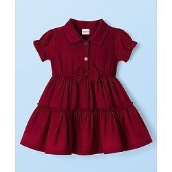 Babyhug Cotton Knit Half Sleeves Shirt Dress With Leggings Belt & Bag - Maroon