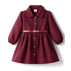 Babyhug Cotton Woven Full Sleeves Checks Frock With Leggings & Belt - Wine