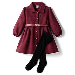 Babyhug Cotton Woven Full Sleeves Checks Frock With Leggings & Belt - Wine