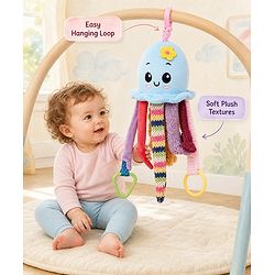 Babyhug 30 cm Octopus Activity Soft Toy  with Spring Action Pull String | Teether, Crinkle Sound Ribbon, Multi-Texture Sensory Strings | Hanging Design for Stroller/Crib | BIS Certified