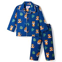 Babyhug Cotton Woven Full Sleeves Co-ords Night Suit With Animal Print - Navy Blue