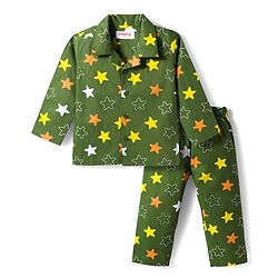 Babyhug Cotton Woven Full Sleeves Co-ords Night Suit With Star Print - Green
