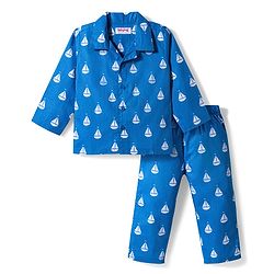 Babyhug Cotton Woven Full Sleeves Co-ords Night Suit With Boat Print - Blue