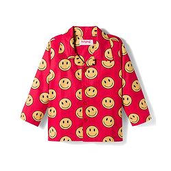 Babyhug Cotton Woven Full Sleeves Co-ords Night Suit With Smiley Print - Red