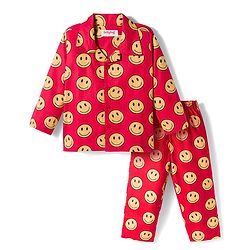 Babyhug Cotton Woven Full Sleeves Co-ords Night Suit With Smiley Print - Red