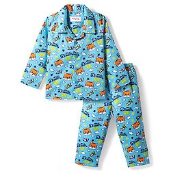 Babyhug Cotton Woven Full Sleeves Co-ord Night Suit With Animal Print - Blue