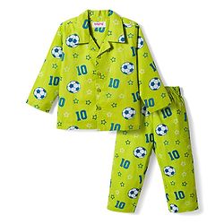 Babyhug Cotton Woven Full Sleeves Co-ords Night Suit With  Football Print - Green