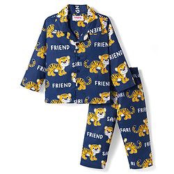 Babyhug Cotton Woven Full Sleeves Co-ords Night Suit With Animal Print - Navy Blue