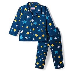 Babyhug Cotton Woven Full Sleeves Co-ord Night Suit With Star Print - Navy Blue