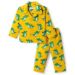 Babyhug Cotton Woven Full Sleeves Co-ord Night Suit With Dino Print -Yellow