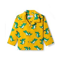 Babyhug Cotton Woven Full Sleeves Co-ord Night Suit With Dino Print -Yellow