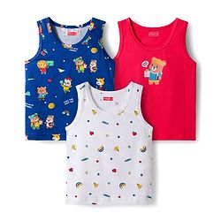 Babyhug 100 % Cotton Knit Sleeveless Sandos with Animal Print Pack of 3 - Red White & Navy Blue