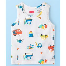 Babyhug 100% Cotton Knit Sleeveless Sando Vests With Stripes & Truck Print Pack of 3 - White & Yellow