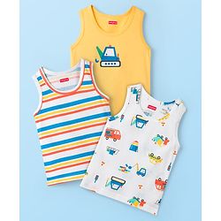 Babyhug 100% Cotton Knit Sleeveless Sando Vests With Stripes & Truck Print Pack of 3 - White & Yellow