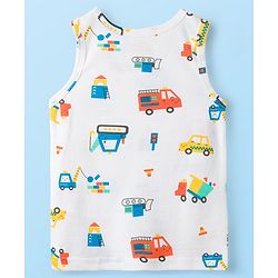 Babyhug 100% Cotton Knit Sleeveless Sando Vests With Stripes & Truck Print Pack of 3 - White & Yellow