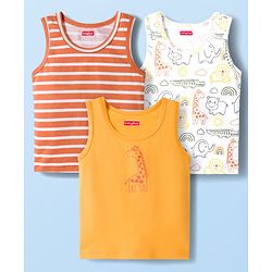 Babyhug 100 % Cotton Knit Sleeveless Sandos with Animal Print & Stripes Pack of 3 - Multicolor