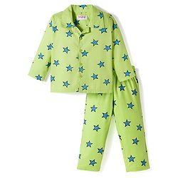 Babyhug Cotton Woven Full Sleeves Co-ords Night Suit With Star Print - Green