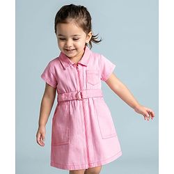 Babyhug Cotton Knit Half Sleeves Solid Color Frock with Belt - Pink