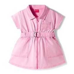 Babyhug Cotton Knit Half Sleeves Solid Color Frock with Belt - Pink