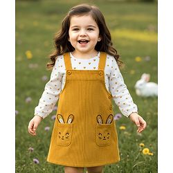 Babyhug Cotton Knit Full Sleeves Inner Tee & Frock With Heart Print & Rabbit Embroidery - Yellow & White