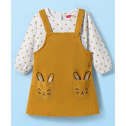 Babyhug Cotton Knit Full Sleeves Inner Tee & Frock With Heart Print & Rabbit Embroidery - Yellow & White