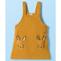 Babyhug Cotton Knit Full Sleeves Inner Tee & Frock With Heart Print & Rabbit Embroidery - Yellow & White