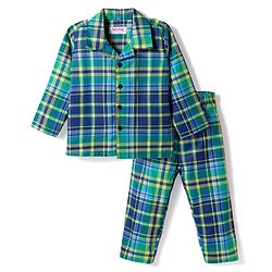 Babyhug Cotton Woven Full Sleeves Co-ords Night Suit With Checks  - Blue