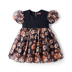 Babyhug Cotton Woven Half Sleeves Frock With Floral Print - Black