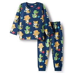 Babyhug Cotton Knit Full Sleeves Co-ords Night Suit With Animal Print - Navy Blue