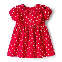 Babyhug Cotton Knit Half Sleeves Frock With Butterfly Print - Red